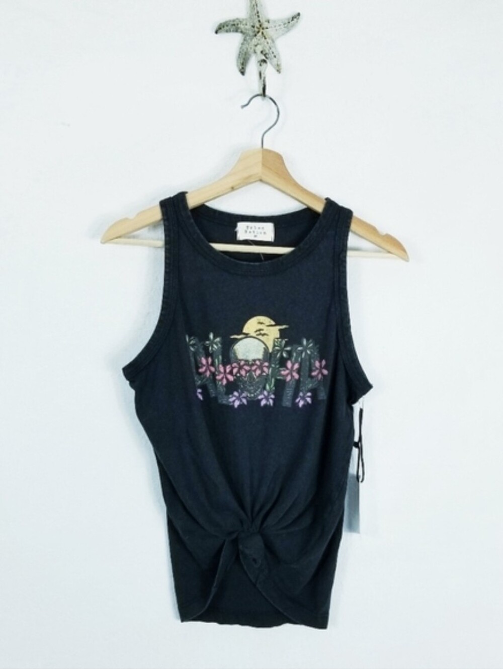 Sunset Floral Tie-Front Tank Top - Black Skull Anthro Tropicsl Beach